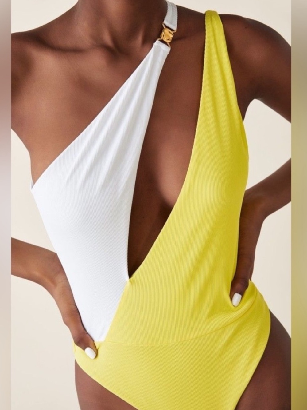 Zara Stylish Yellow and White Swimsuit asymmetric Medium butter yellow